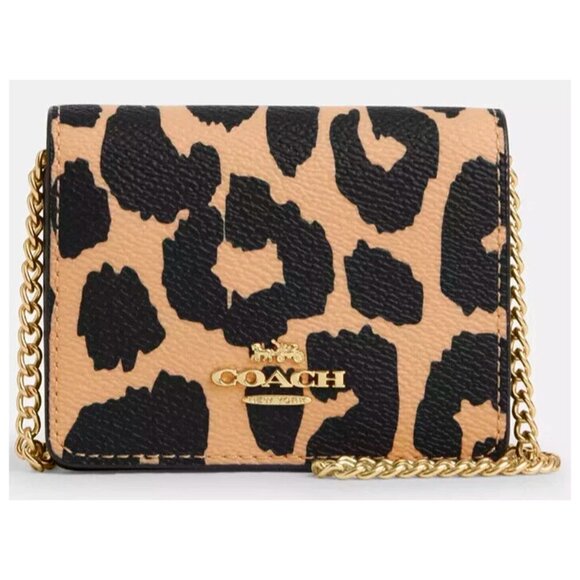 S Coach Mini Wallet Leopard Animal Print Gold Chain CX151 Cheetah Leopardo $150 - Picture 1 of 7
